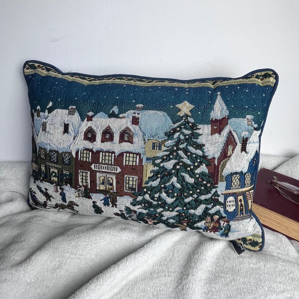 Vintage Christmas Village Street Scene Tapestry Accent Pillow Winter Snowy